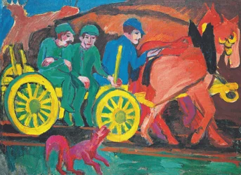 Carro trainato da cavalli con tre contadini